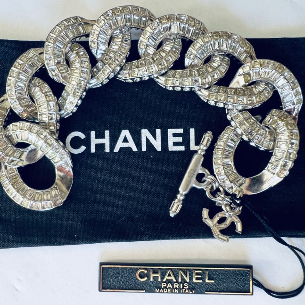 CHANEL Silver Crystal Chain Link Bracelet